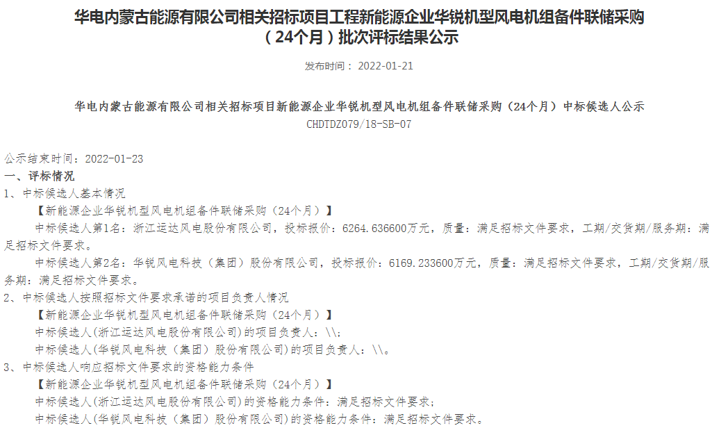 华电内蒙古能源有限公司华锐机型风电机组24个月备件联储采购中标公示