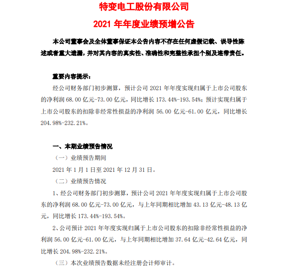 自营风、光电站规模增加！特变电工2021年净利润68-73亿元