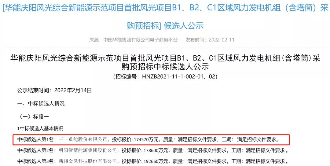 华能1138.5MW项目公示！这2家整机商预中标