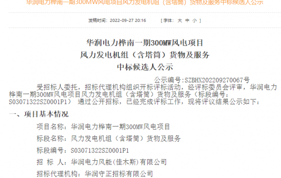 950MW风电项目开标 这五家整机商预中标！