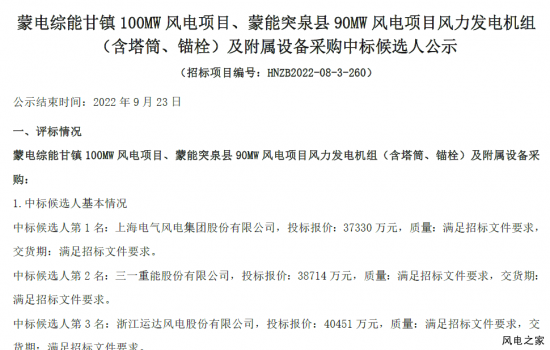 340MW风电项目公示！这2家整机商中标
