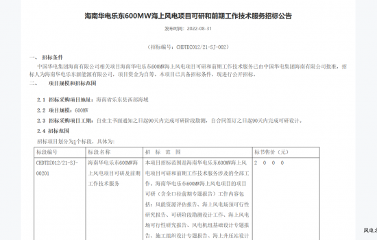海南华电乐东600MW海上风电项目可研和前期工作技术服务招标
