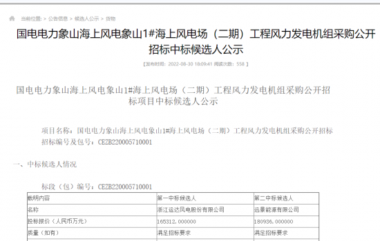运达中标500MW海上风电项目！含塔筒价3306元/kW！