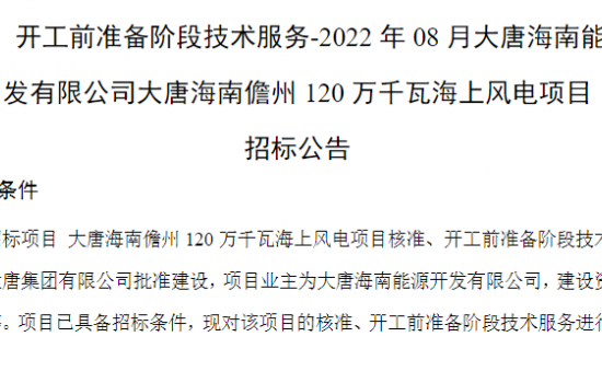 大唐海南儋州120万千瓦海上风电项目开工前技术招标！