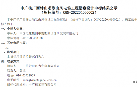 中广核广西钟山唱歌山风电场工程勘察设计中标公示