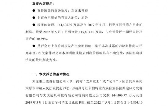 追讨14.58亿元欠款！太原重工发布重大诉讼公告