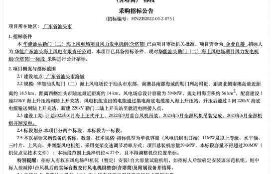 单机≥11MW！华能594MW海上风电项目风机(含塔筒)重新招标