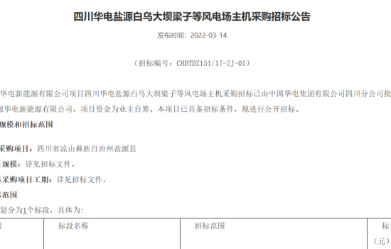 华电520MW风电项目机组采购招标！单机≥3MW