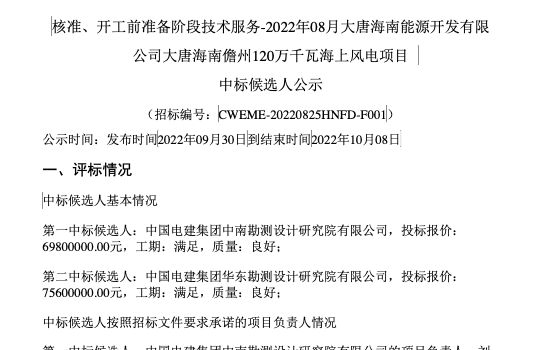 中国电建中南院中标大唐海南儋州1200MW海上风电项目