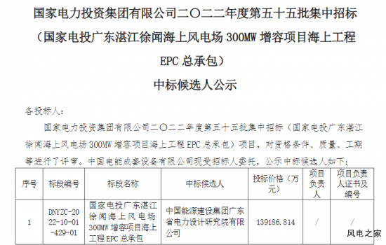 国家电投300MW海上风电EPC总承包项目开标